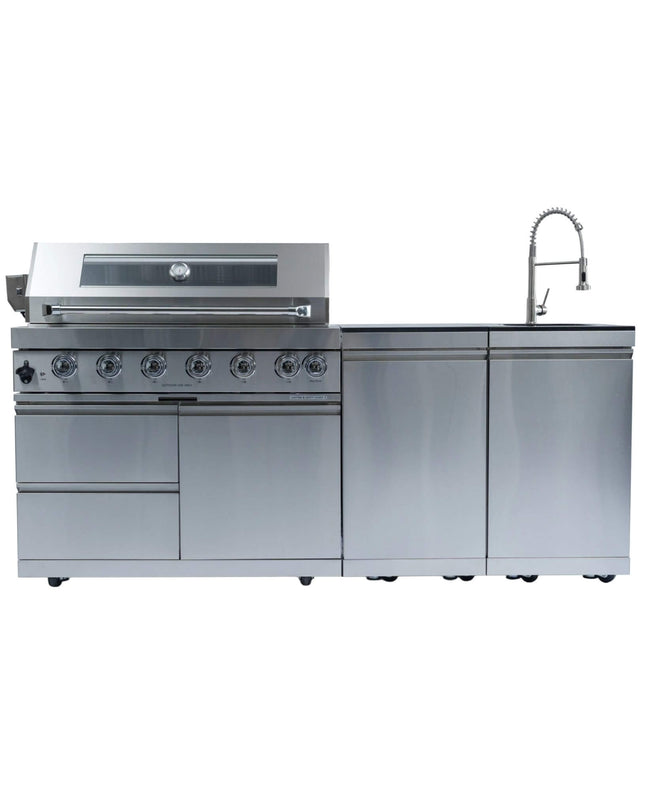 Castelle Flame Outdoor BBQ Kitchen Island With 43-Inch 6-Burner 85K BTU Propane Gas Grill, Rotisserie Kit, And Storage Cabinets