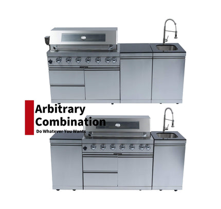 Castelle Flame Outdoor BBQ Kitchen Island With 43-Inch 6-Burner 85K BTU Propane Gas Grill, Rotisserie Kit, And Storage Cabinets