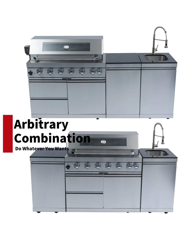 Castelle Flame Outdoor BBQ Kitchen Island With 43-Inch 6-Burner 85K BTU Propane Gas Grill, Rotisserie Kit, And Storage Cabinets