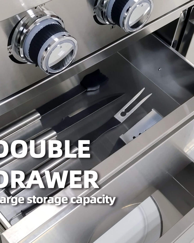 Castelle Flame Outdoor BBQ Kitchen Island With 43-Inch 6-Burner 85K BTU Propane Gas Grill, Rotisserie Kit, And Storage Cabinets