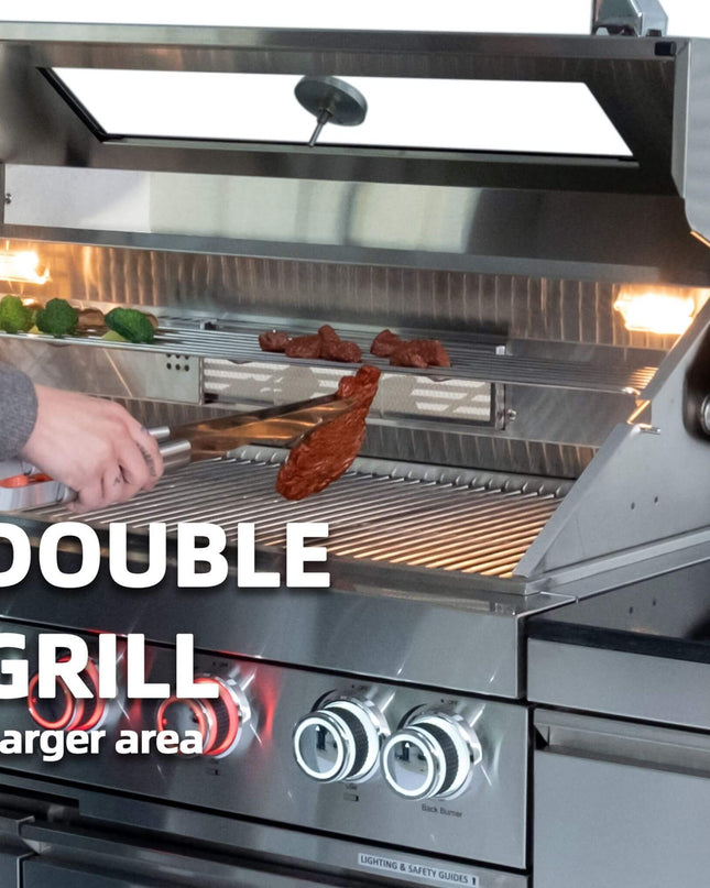 Castelle Flame Outdoor BBQ Kitchen Island With 43-Inch 6-Burner 85K BTU Propane Gas Grill, Rotisserie Kit, And Storage Cabinets