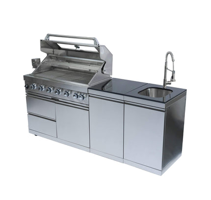 Castelle Flame Outdoor BBQ Kitchen Island With 43-Inch 6-Burner 85K BTU Propane Gas Grill, Rotisserie Kit, And Storage Cabinets