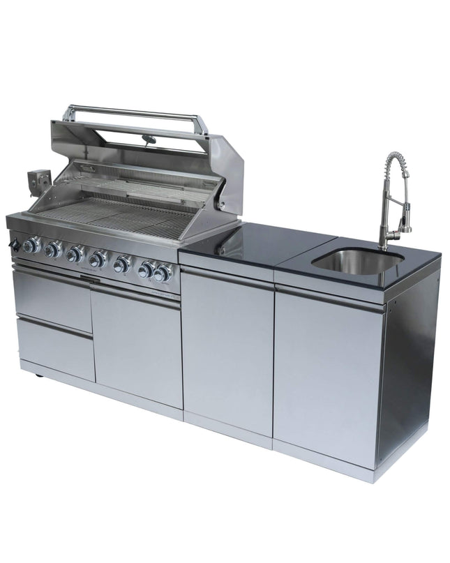 Castelle Flame Outdoor BBQ Kitchen Island With 43-Inch 6-Burner 85K BTU Propane Gas Grill, Rotisserie Kit, And Storage Cabinets