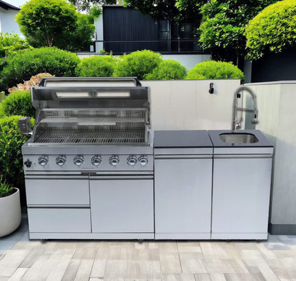 Castelle Flame Outdoor BBQ Kitchen Island With 43-Inch 6-Burner 85K BTU Propane Gas Grill, Rotisserie Kit, And Storage Cabinets