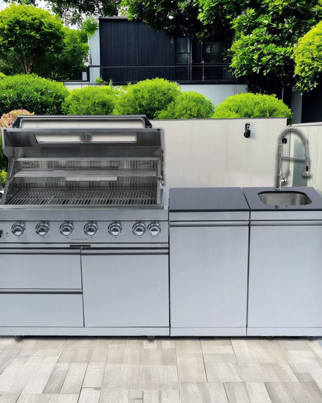 Castelle Flame Outdoor BBQ Kitchen Island With 43-Inch 6-Burner 85K BTU Propane Gas Grill, Rotisserie Kit, And Storage Cabinets