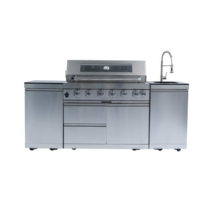 Castelle Flame Outdoor BBQ Kitchen Island With 43-Inch 6-Burner 85K BTU Propane Gas Grill, Rotisserie Kit, And Storage Cabinets