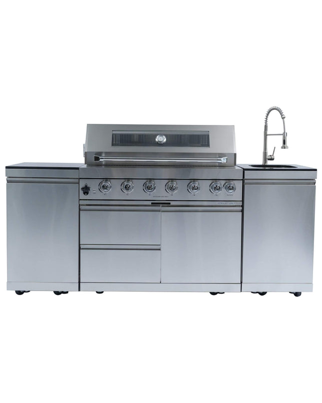Castelle Flame Outdoor BBQ Kitchen Island With 43-Inch 6-Burner 85K BTU Propane Gas Grill, Rotisserie Kit, And Storage Cabinets