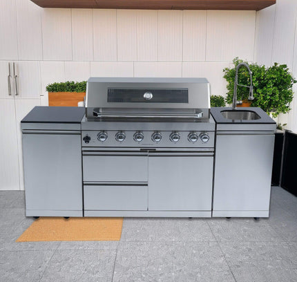 Castelle Flame Outdoor BBQ Kitchen Island With 43-Inch 6-Burner 85K BTU Propane Gas Grill, Rotisserie Kit, And Storage Cabinets