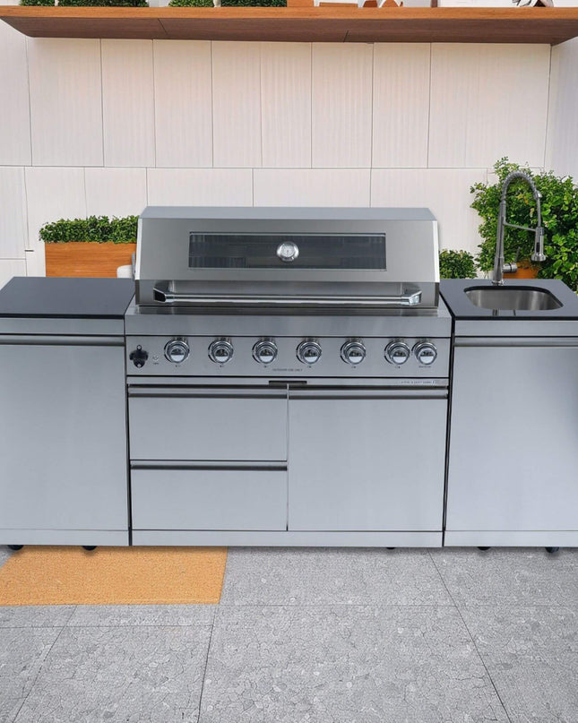 Castelle Flame Outdoor BBQ Kitchen Island With 43-Inch 6-Burner 85K BTU Propane Gas Grill, Rotisserie Kit, And Storage Cabinets