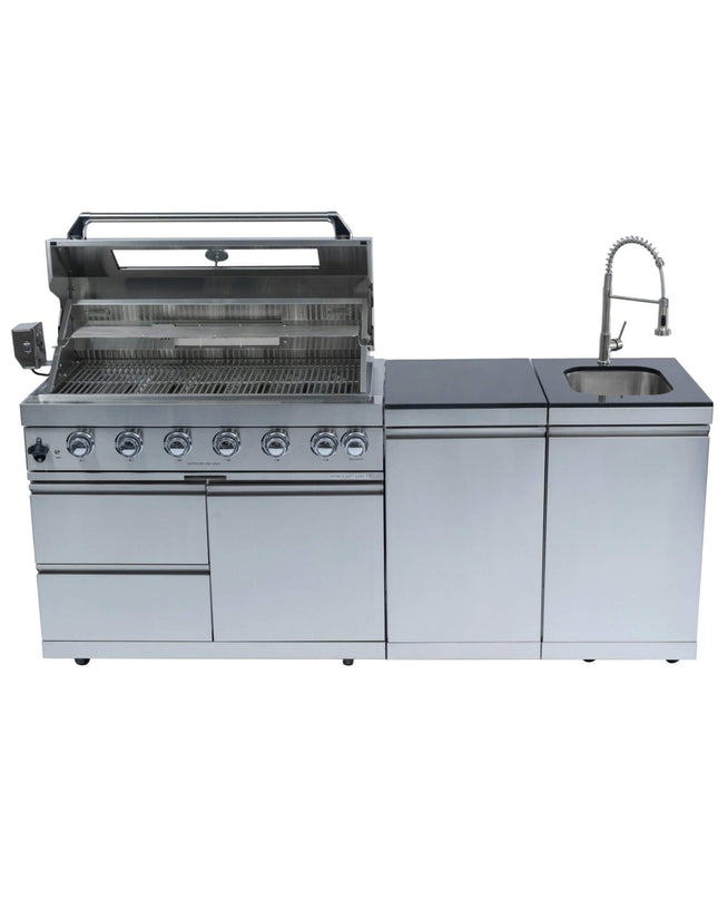 Castelle Flame Outdoor BBQ Kitchen Island With 43-Inch 6-Burner 85K BTU Propane Gas Grill, Rotisserie Kit, And Storage Cabinets