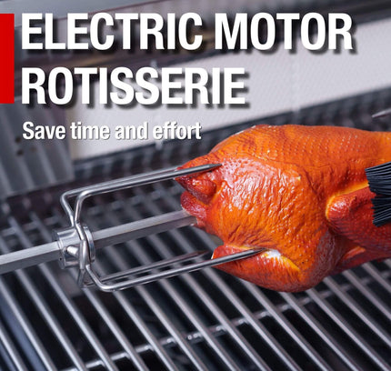 Castelle Flame Outdoor BBQ Kitchen Island With 43-Inch 6-Burner 85K BTU Propane Gas Grill, Rotisserie Kit, And Storage Cabinets