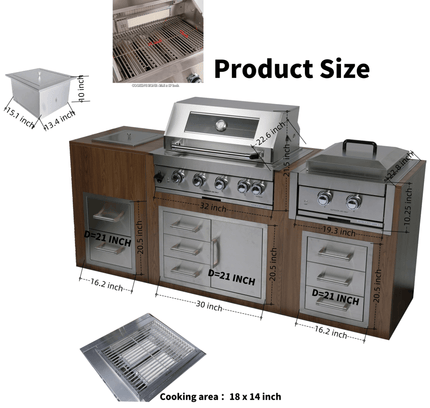 Premium Outdoor Kitchen With 32-Inch 60K BTU Built-In Stainless Steel LPG Gas Grill, Door And Drawer Combo And Stainless Steel Ice Box