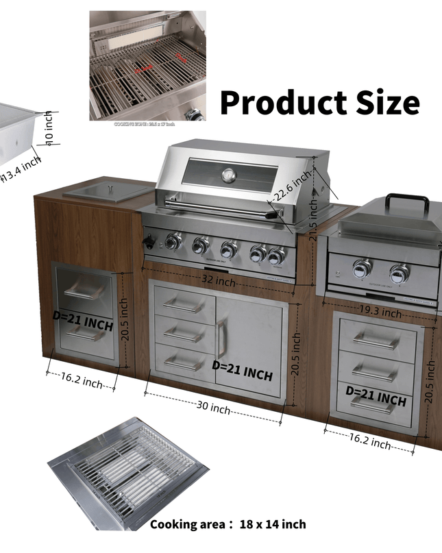 Premium Outdoor Kitchen With 32-Inch 60K BTU Built-In Stainless Steel LPG Gas Grill, Door And Drawer Combo And Stainless Steel Ice Box