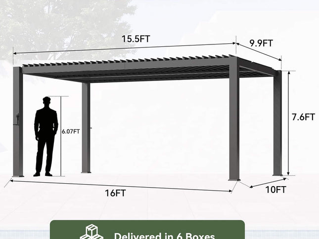 Alora Premium Gray Outdoor Metal Pergola With Louvered Roof And Drainage System (SAK76143)