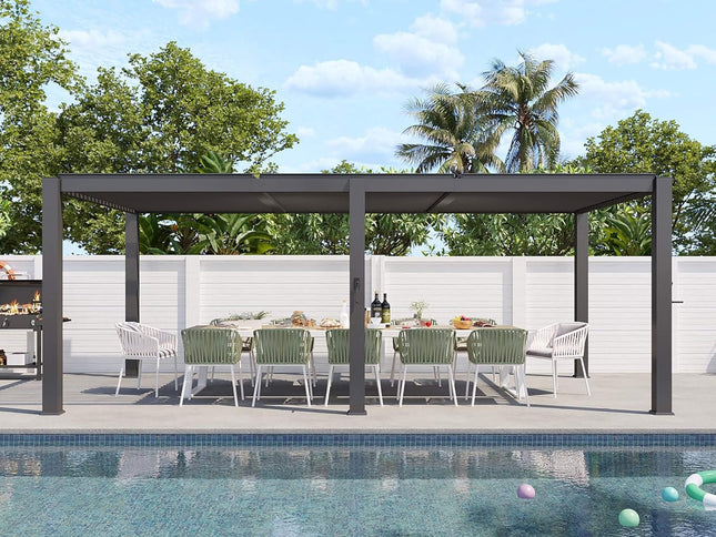 Alora Premium Gray Outdoor Metal Pergola With Louvered Roof And Drainage System (SAK76143)