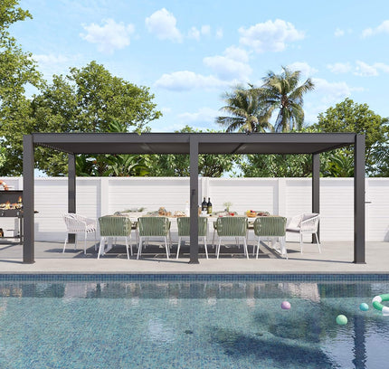 Premium Gray Outdoor Metal Pergola With Louvered Roof And Drainage System (SAK76143)