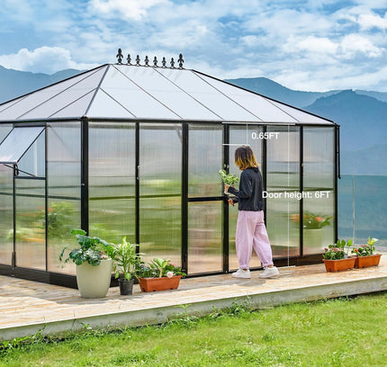[10X14FT] Premium Outdoor Polycarbonate Greenhouse With Aluminum Frame And Double Swing Doors