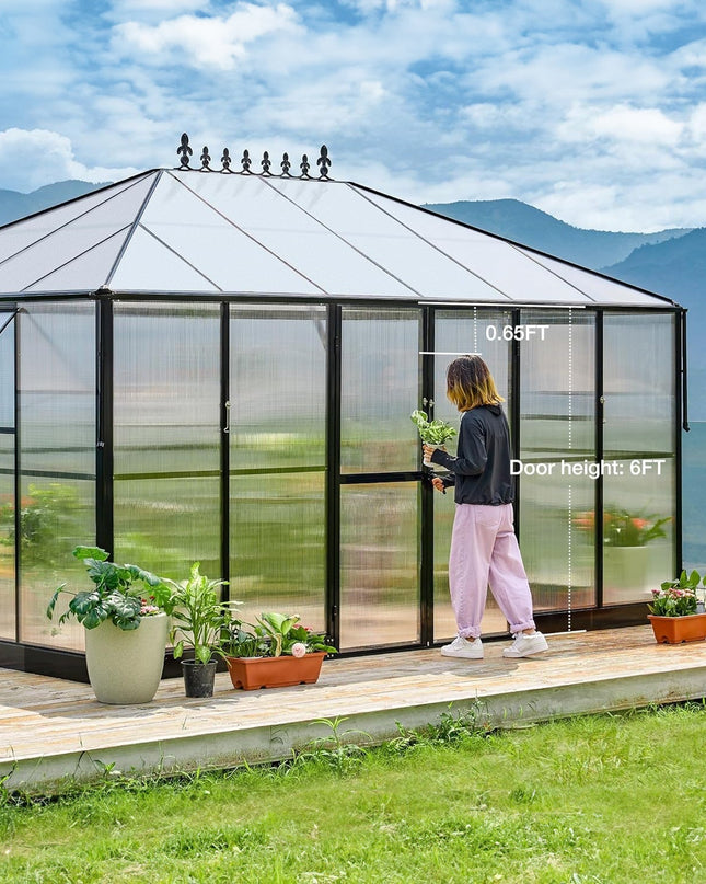 [10X14FT] Premium Outdoor Polycarbonate Greenhouse With Aluminum Frame And Double Swing Doors