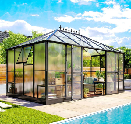 [10X14FT] Premium Outdoor Polycarbonate Greenhouse With Aluminum Frame And Double Swing Doors