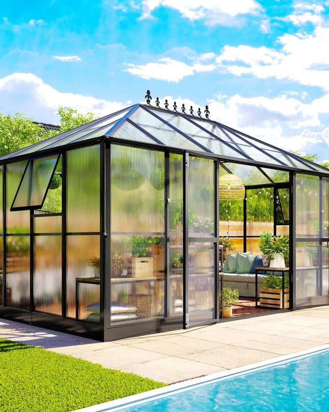 [10X14FT] Premium Outdoor Polycarbonate Greenhouse With Aluminum Frame And Double Swing Doors