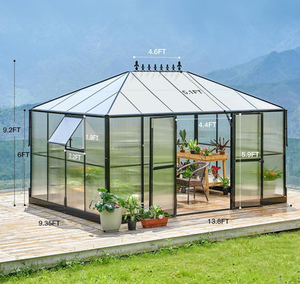 [10X14FT] Premium Outdoor Polycarbonate Greenhouse With Aluminum Frame And Double Swing Doors