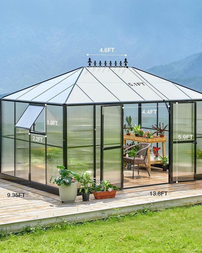 [10X14FT] Premium Outdoor Polycarbonate Greenhouse With Aluminum Frame And Double Swing Doors