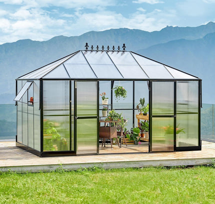 [10X14FT] Premium Outdoor Polycarbonate Greenhouse With Aluminum Frame And Double Swing Doors