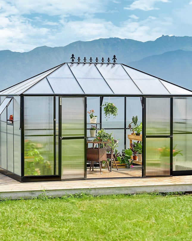 [10X14FT] Premium Outdoor Polycarbonate Greenhouse With Aluminum Frame And Double Swing Doors