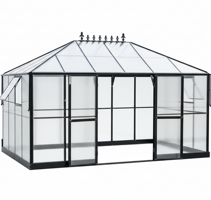 10x14FT Polycarbonate Walk-In Greenhouse, Aluminum Frame & Double Swing Doors