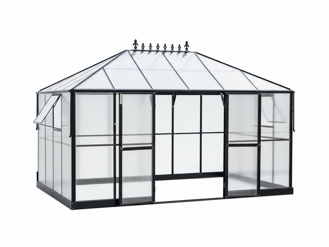 10x14FT Polycarbonate Walk-In Greenhouse, Aluminum Frame & Double Swing Doors