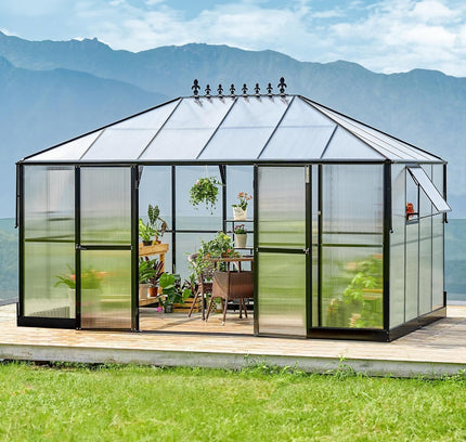 [10X14FT] Premium Outdoor Polycarbonate Greenhouse With Aluminum Frame And Double Swing Doors