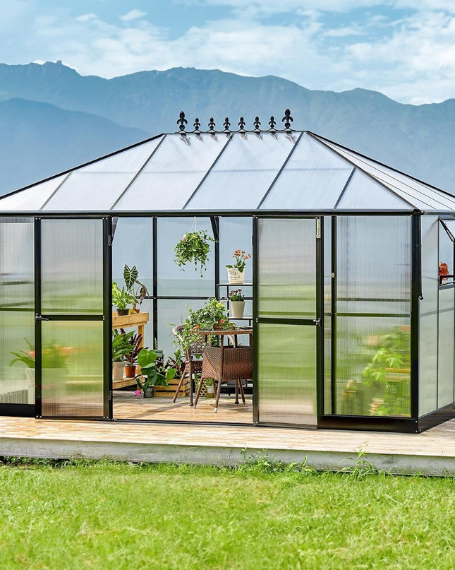 [10X14FT] Premium Outdoor Polycarbonate Greenhouse With Aluminum Frame And Double Swing Doors
