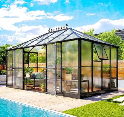 [10X14FT] Premium Outdoor Polycarbonate Greenhouse With Aluminum Frame And Double Swing Doors
