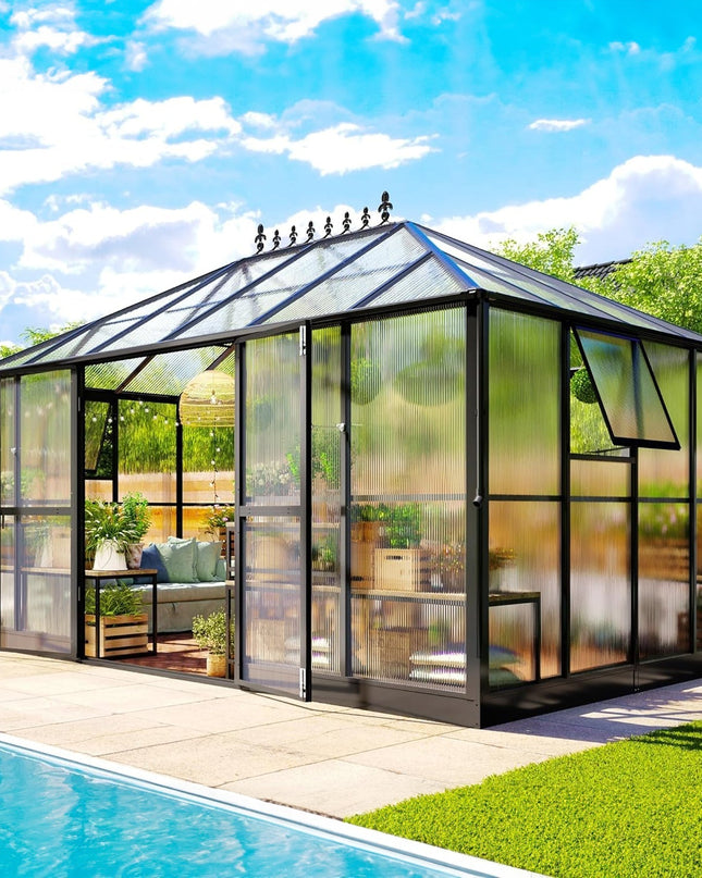[10X14FT] Premium Outdoor Polycarbonate Greenhouse With Aluminum Frame And Double Swing Doors