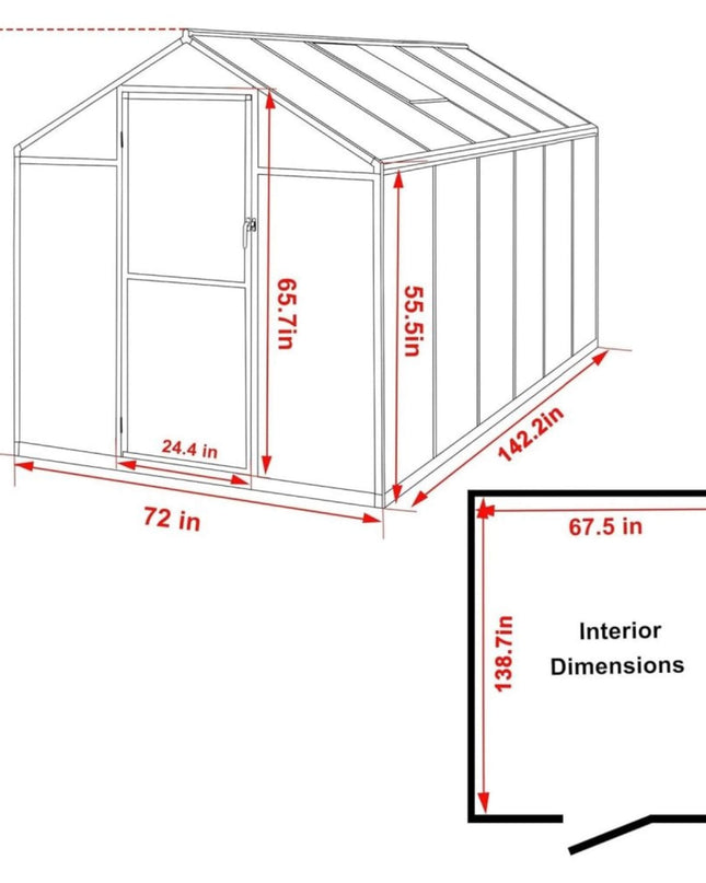 [06X12FT] Premium Polycarbonate Gray Walk-In Greenhouse Kit With Adjustable Vent And Lockable Door (SAK35264)