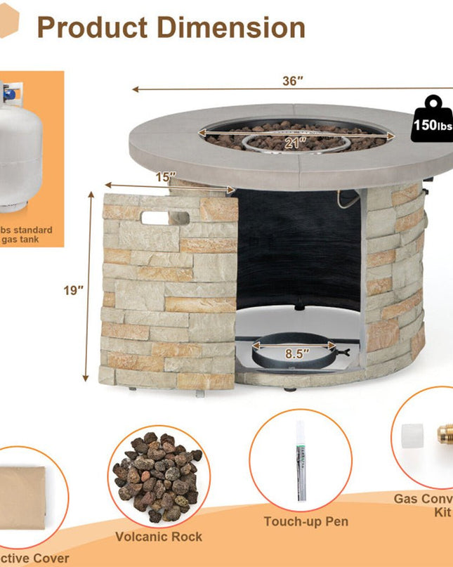 Alora Premium Round Outdoor Propane Patio Gas Fire Pit Table W/ Lava Rock & Cover, 36"