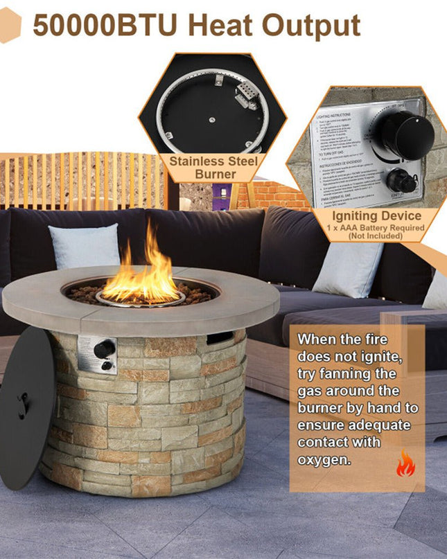 Alora Premium Round Outdoor Propane Patio Gas Fire Pit Table W/ Lava Rock & Cover, 36"