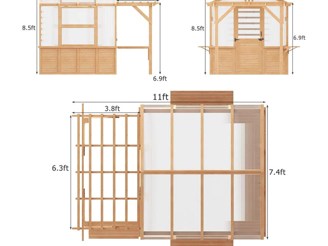Premium Walk-In Spruce Wood Greenhouse With Pergola And Shelves (SAK75890)