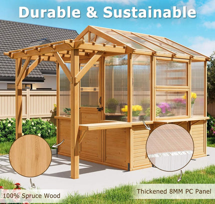 Premium Walk-In Spruce Wood Greenhouse With Pergola And Shelves (SAK75890)