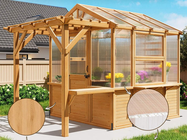 Premium Walk-In Spruce Wood Greenhouse With Pergola And Shelves (SAK75890)