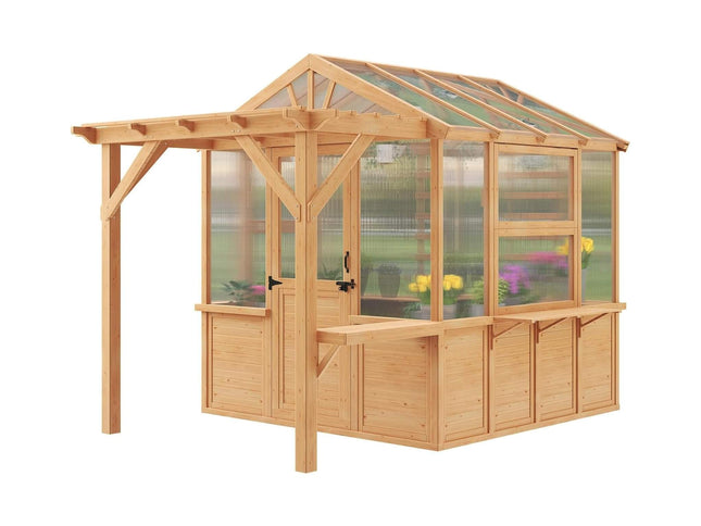 Premium Walk-In Spruce Wood Greenhouse With Pergola And Shelves (SAK75890)