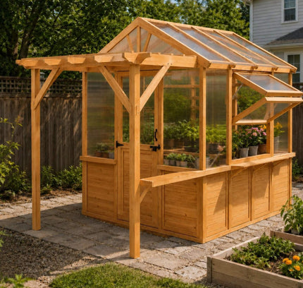Premium Walk-In Spruce Wood Greenhouse With Pergola And Shelves (SAK75890)