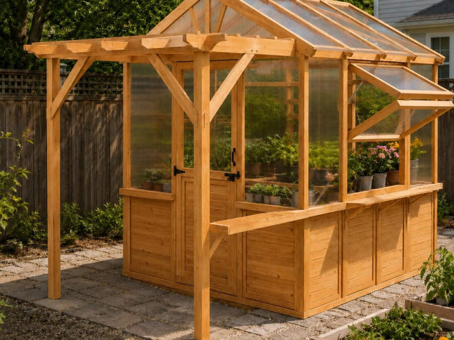 Premium Walk-In Spruce Wood Greenhouse With Pergola And Shelves (SAK75890)
