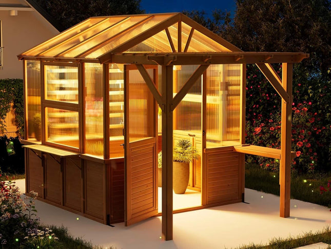 Premium Walk-In Spruce Wood Greenhouse With Pergola And Shelves (SAK75890)
