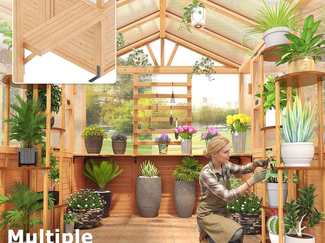 Premium Walk-In Spruce Wood Greenhouse With Pergola And Shelves (SAK75890)