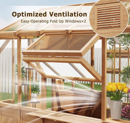 Premium Walk-In Spruce Wood Greenhouse With Pergola And Shelves (SAK75890)