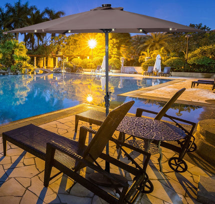 9 Ft Patio Solar Umbrella LED Patio Market Steel Tilt W/ Crank Outdoor New-Tan
