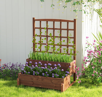 Raised Garden Bed with Trellis 2-tier Wood Planter Box with Drainage Holes-Rustic Brown