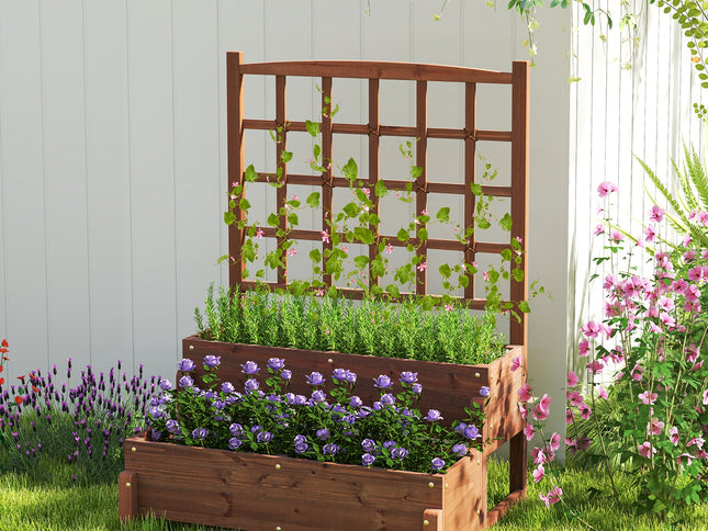 Raised Garden Bed with Trellis 2-tier Wood Planter Box with Drainage Holes-Rustic Brown