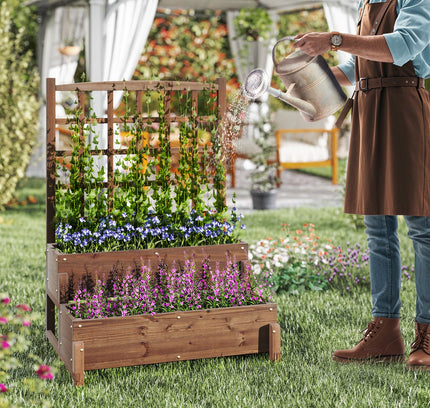 Raised Bed w/ Trellis 2-tier Wood Planter Box w/ Drainage Holes-Rustic Brown